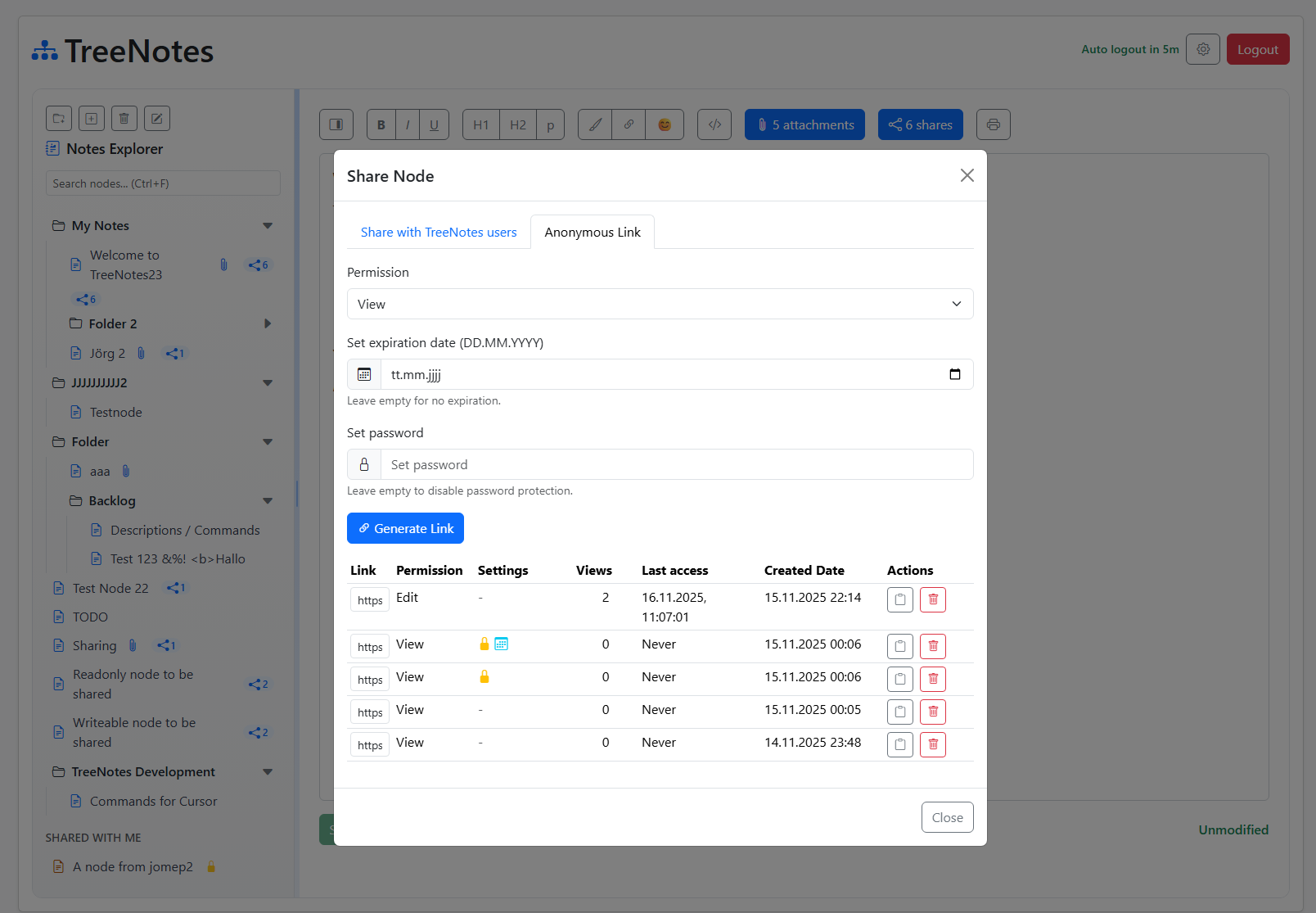 Anonymous sharing view in TreeNotes