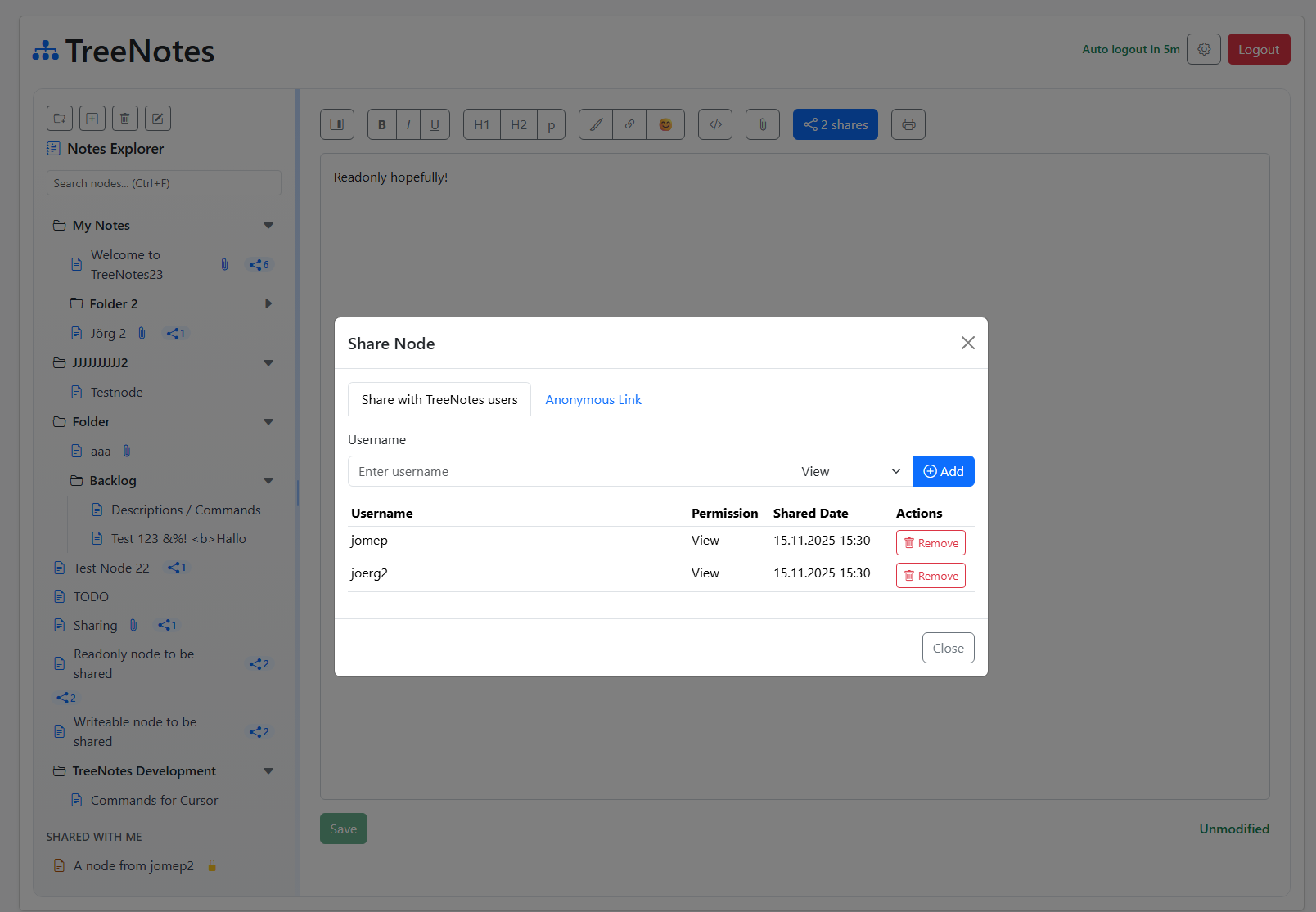 Sharing options in TreeNotes